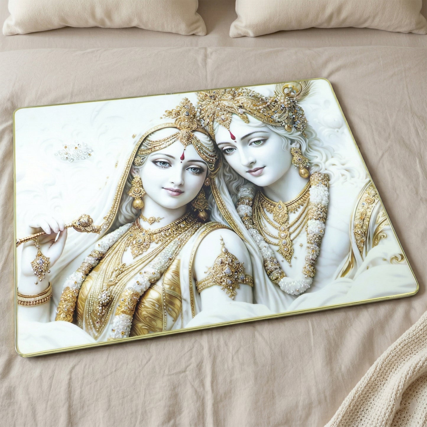 Premium Radha Krishna Royal White Gold Finish Wall Art Frame (1 Pc 60x45 Cm)