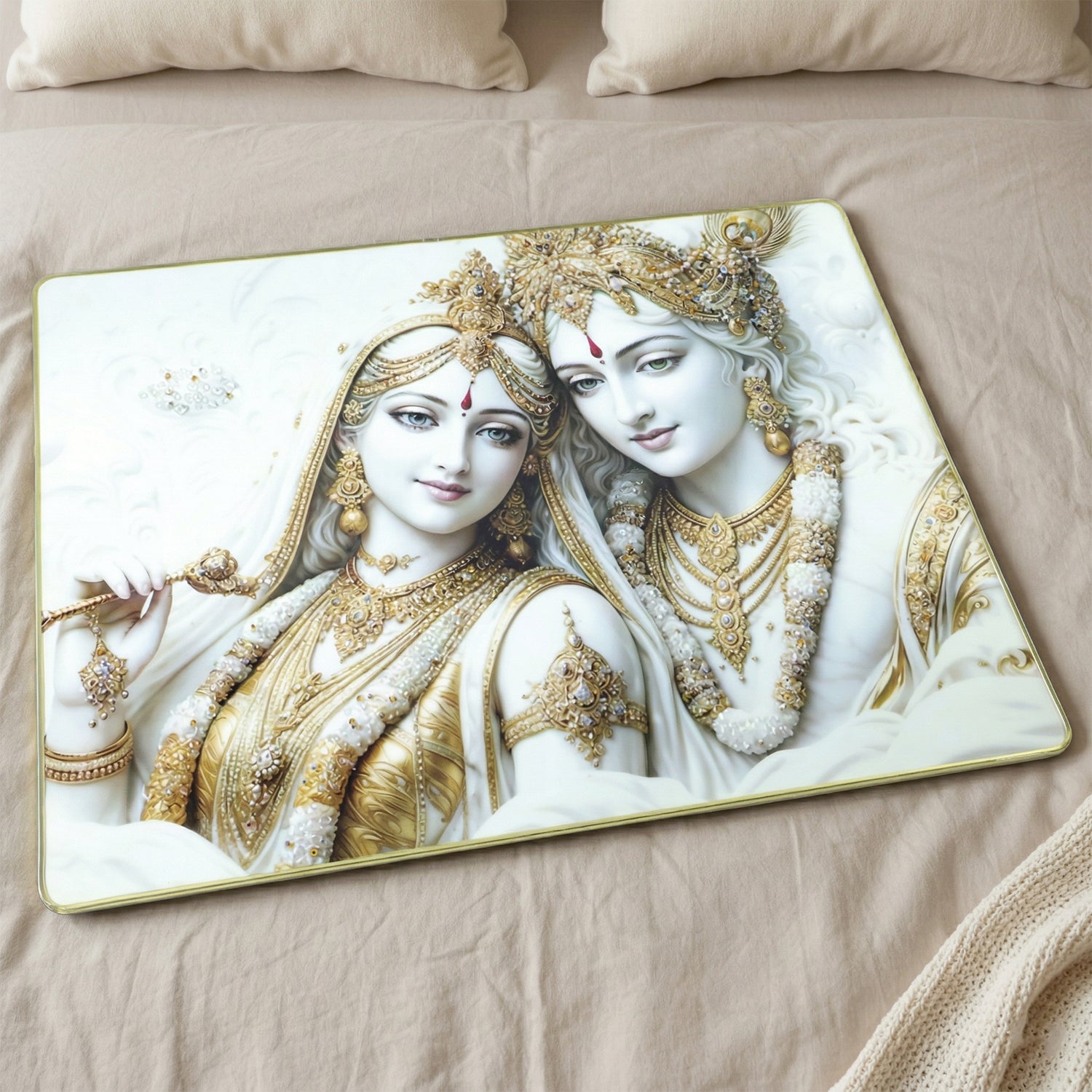 Premium Radha Krishna Royal White Gold Finish Wall Art Frame (1 Pc 60x45 Cm)