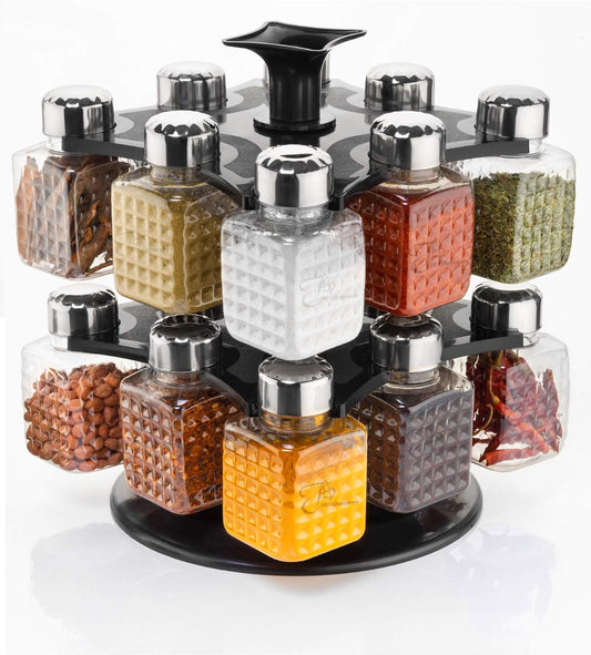 Revolving 16-Bottle Spice Rack with Square Containers – Space-Saving, Stylish, and Easy to Use for Your Kitchen & Dining