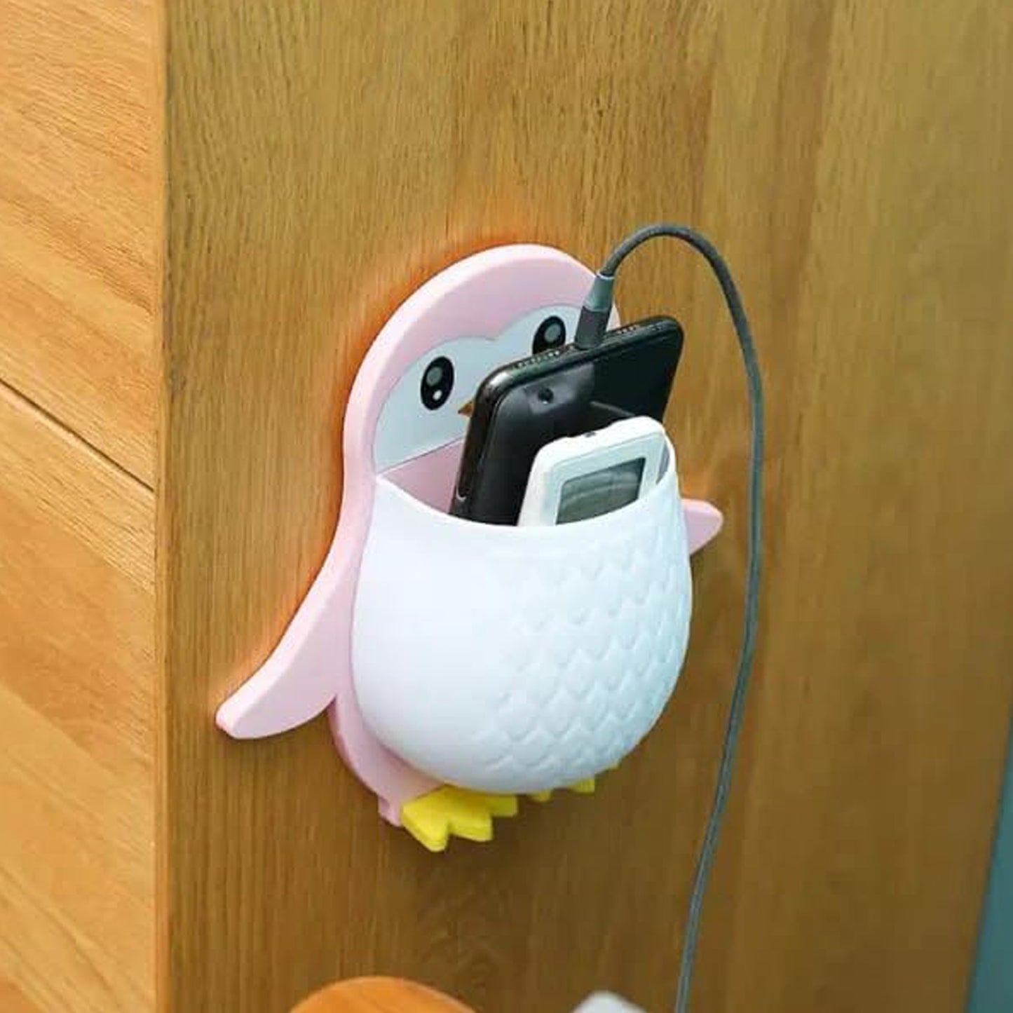 Penguin Wall Mount Storage Box – Self-Adhesive Remote Holder, Toothbrush & Controller Organizer, Plastic Wall Nightstand for Bedroom, Office, Bathroom, Kitchen (1 Pc)