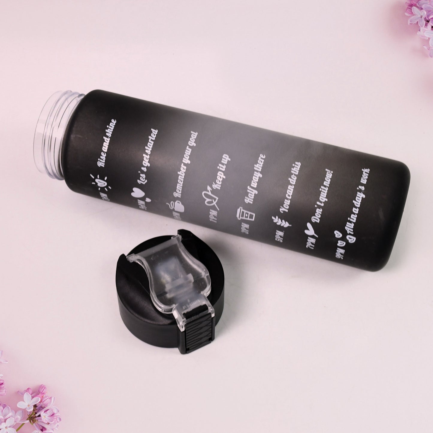 Motivational Water Bottle with Time Marker, 900ml, Black Tritan, Leak-proof Sports Bottle with Straw