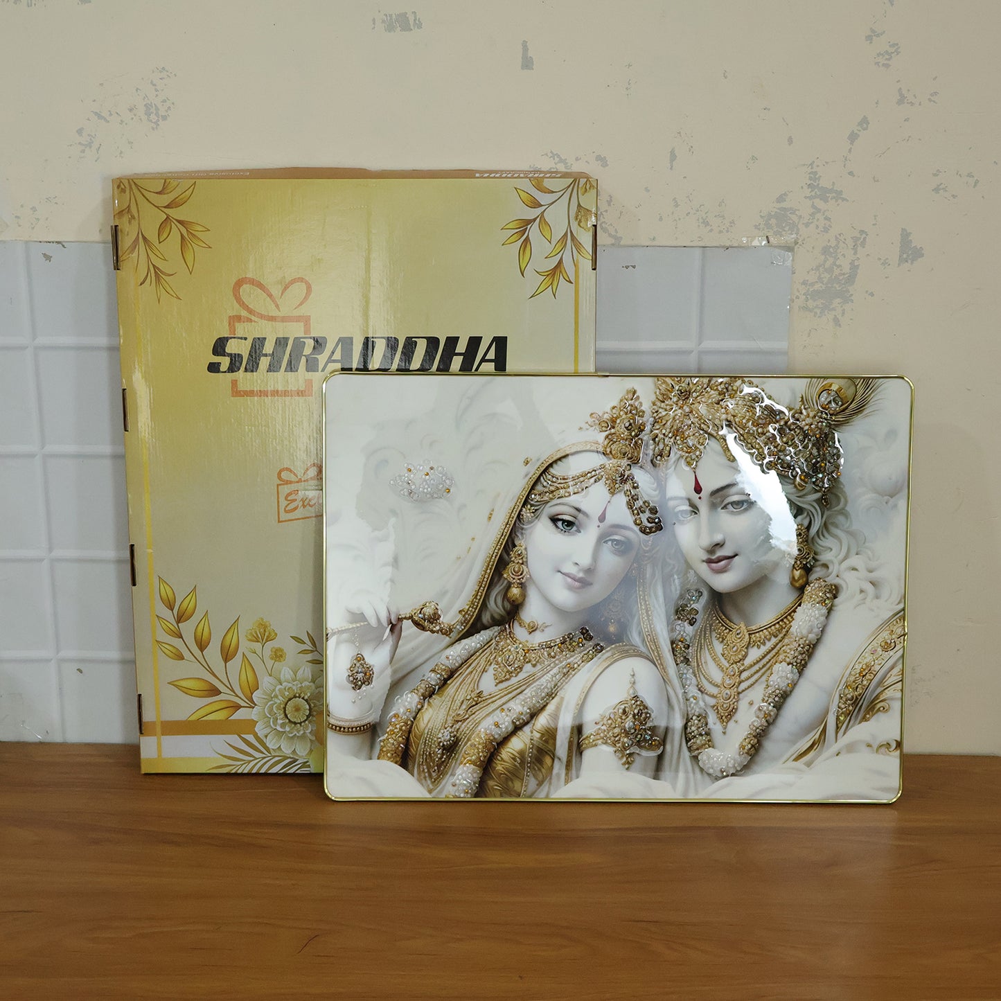 Premium Radha Krishna Royal White Gold Finish Wall Art Frame (1 Pc 60x45 Cm)