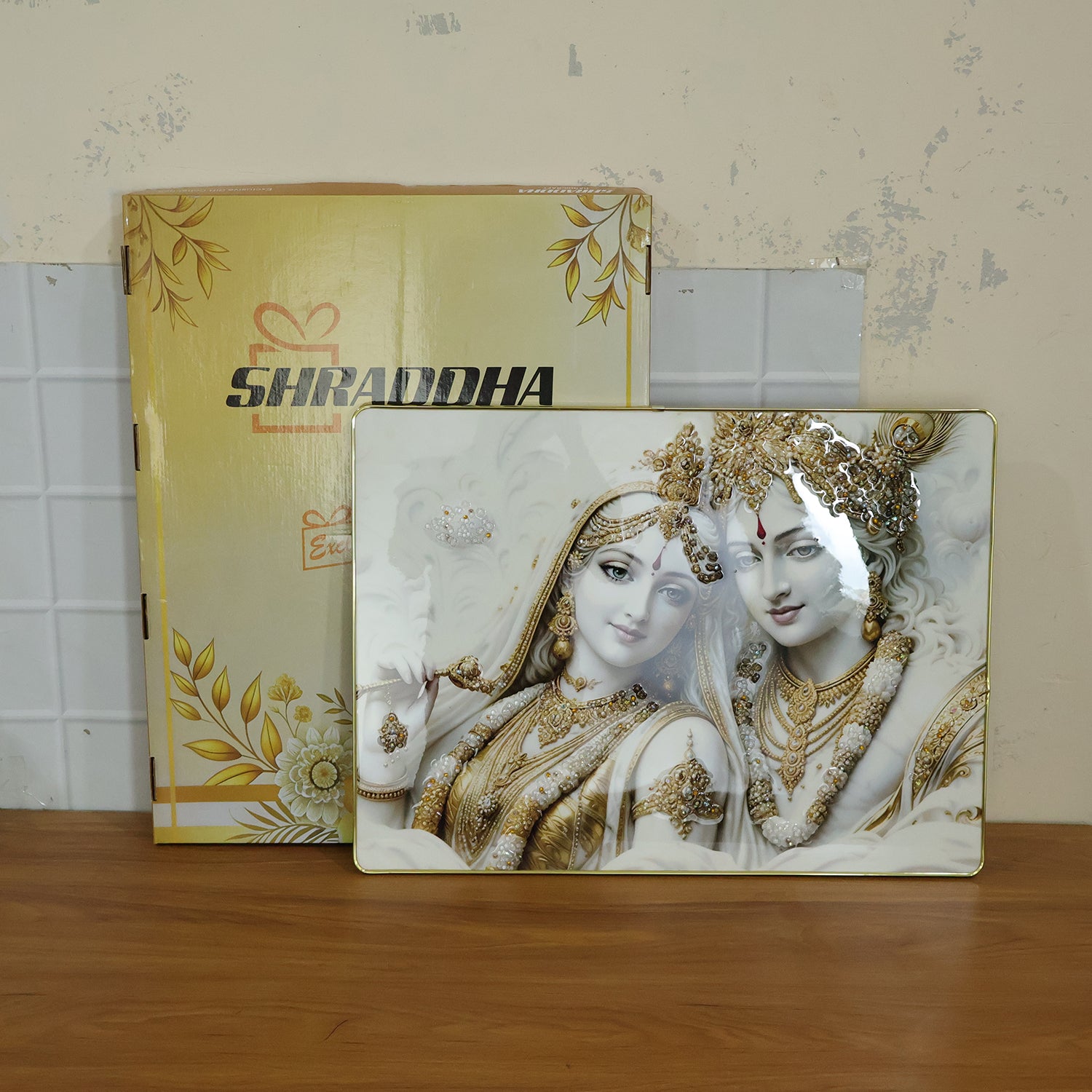 Premium Radha Krishna Royal White Gold Finish Wall Art Frame (1 Pc 60x45 Cm)