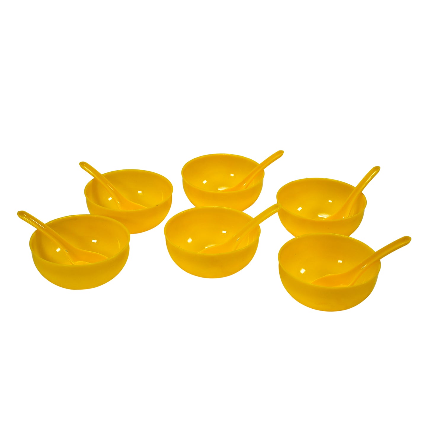 Yellow Plastic Soup Bowl and Spoon Set, 6 Bowls and 6 Spoons, 11 cm, Kitchen and Dining