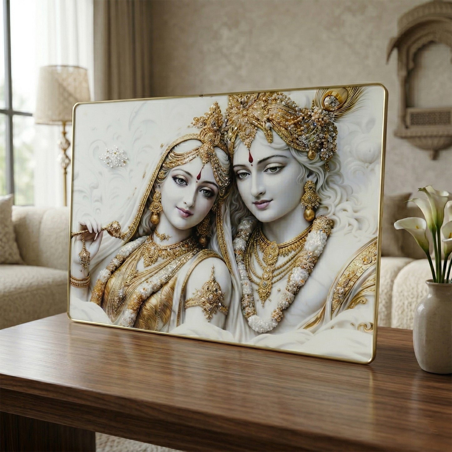 Premium Radha Krishna Royal White Gold Finish Wall Art Frame (1 Pc 60x45 Cm)