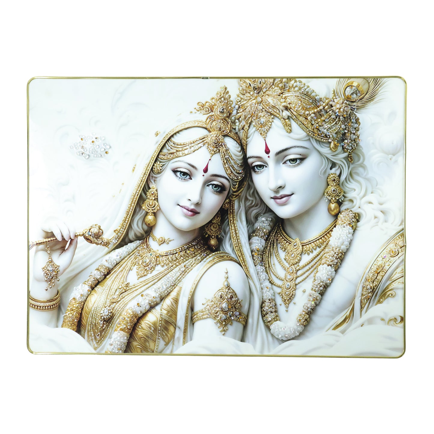 Premium Radha Krishna Royal White Gold Finish Wall Art Frame (1 Pc 60x45 Cm)