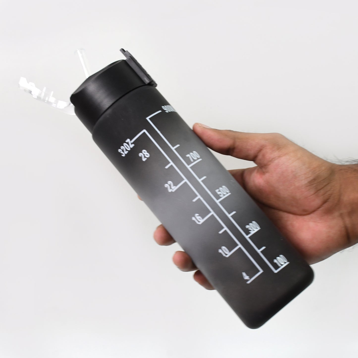 Motivational Water Bottle with Time Marker, 900ml, Black Tritan, Leak-proof Sports Bottle with Straw