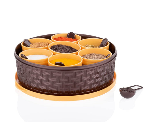 Round Masala Spice Box with 7 Removable Containers, 19 cm Diameter, Brown and Yellow, Includes Measuring Spoons