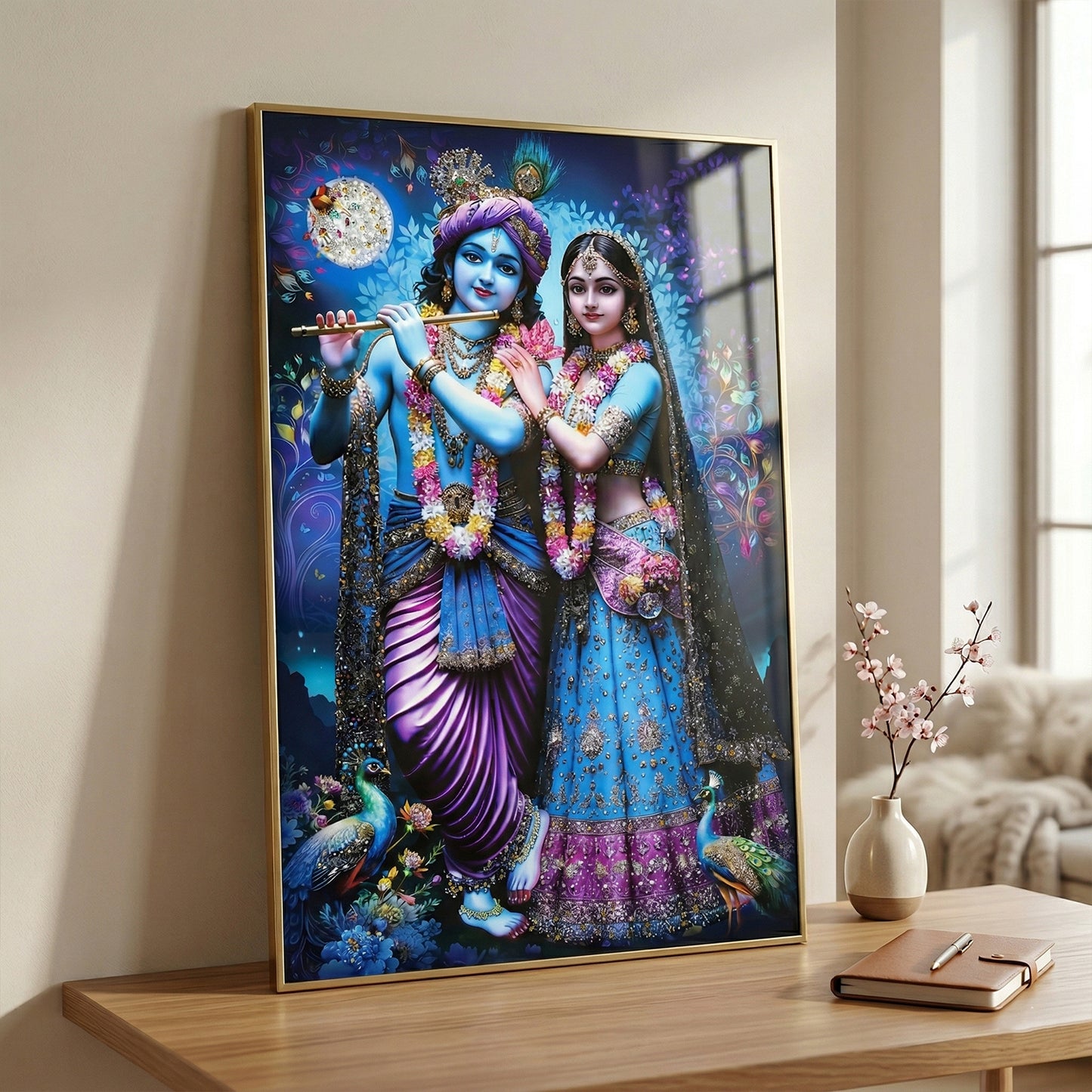 Divine Radha Krishna Full Moon Artistic Wall Frame (1 Pc 89x58 Cm)