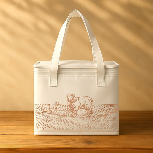 Insulated Thermal Lunch Bag with Aluminium Foil Lining, 24 x 19 x 16 cm, Countryside Print, White