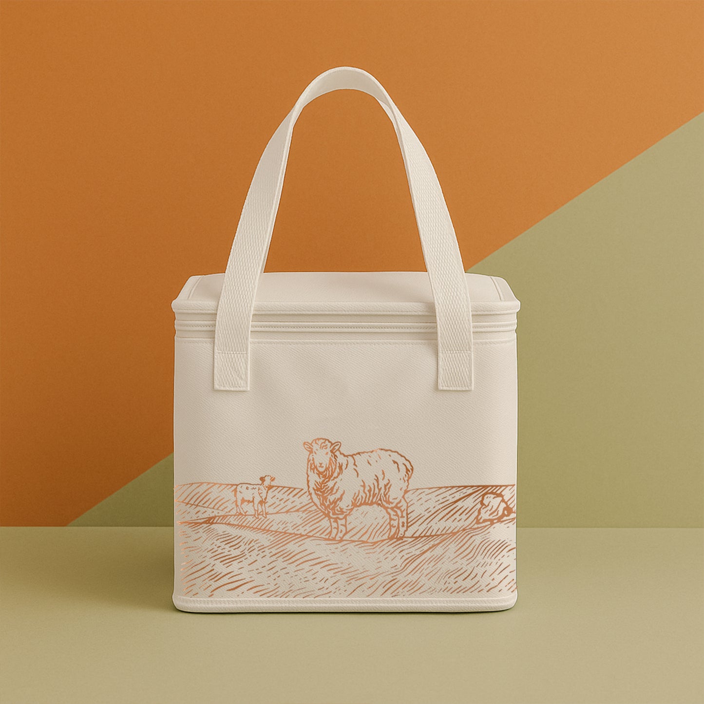 Insulated Thermal Lunch Bag with Aluminium Foil Lining, 24 x 19 x 16 cm, Countryside Print, White