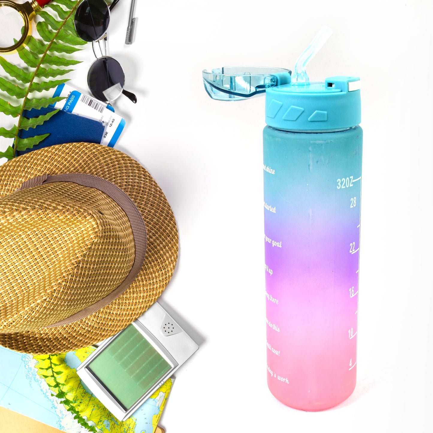 Motivational Water Bottle with Time Marker, 900 ml, Leak-Proof Tritan Plastic, Straw Lid, Pink-Purple-Blue Gradient