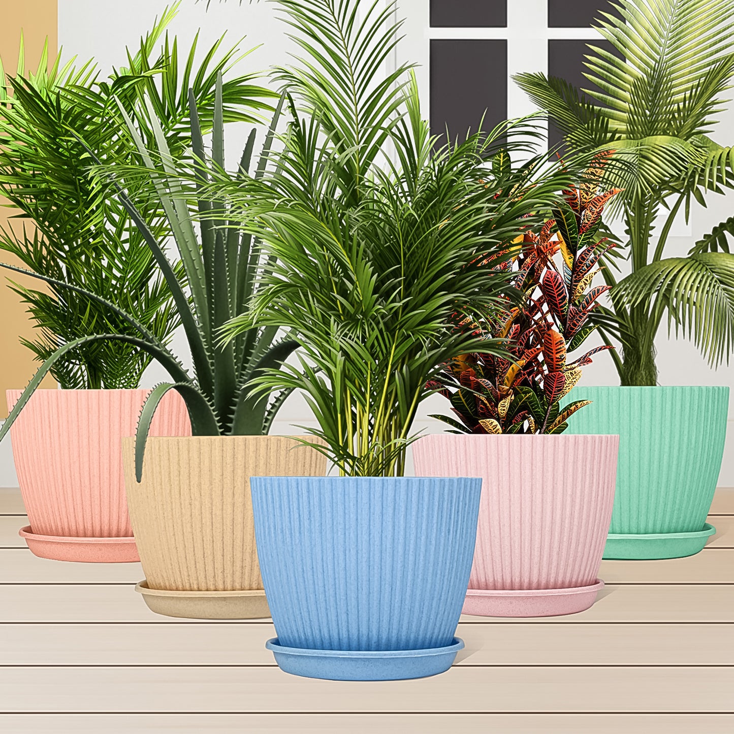 Plastic Round Flower Pots with Bottom Tray – 5 Pcs Set | Modern Planters for Indoor & Outdoor Plants | Lightweight Vase for Balcony, Home, Garden, Office Use