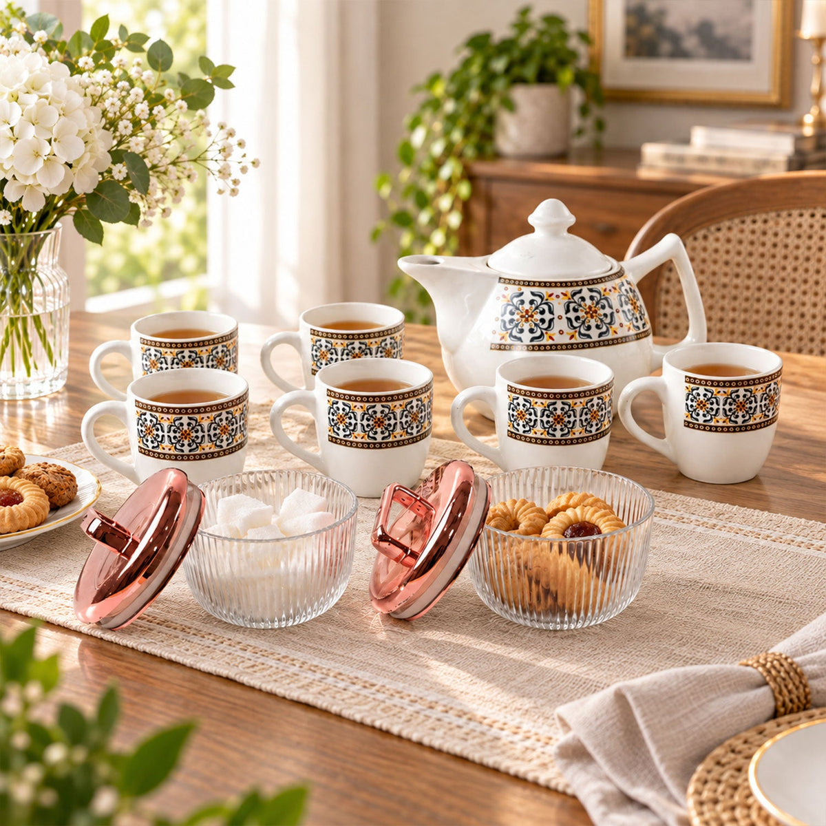 Tea Gift Set With Kettle 6 Cups And 2 Dry Fruit Jars (9 Pc)