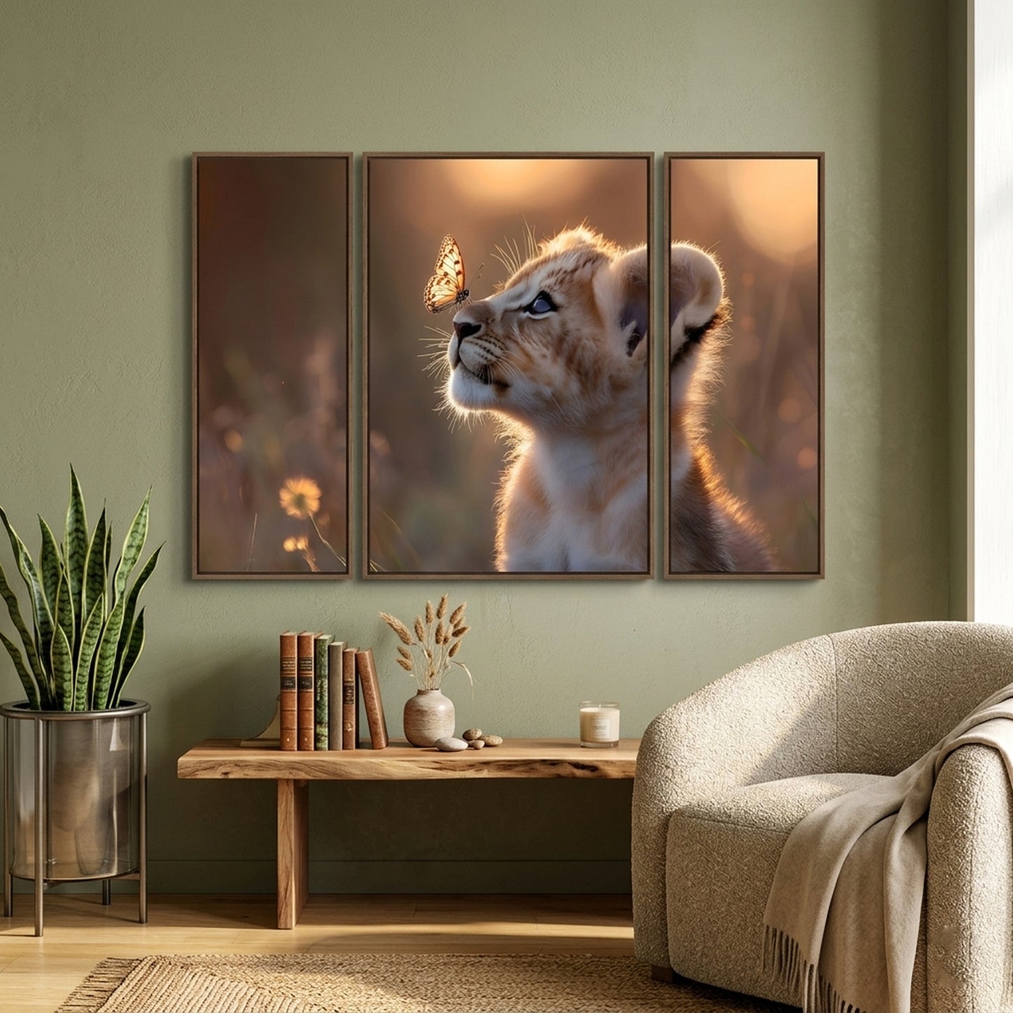Lion Cub 3 Panel Mdf Wall Frame Wall Art Painting 16.5x12in (1 Pc)