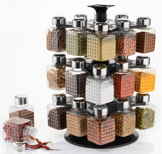 Revolving 24-Bottle Spice Rack with Square Containers – Elegant, Compact, and Practical for Kitchen & Dining