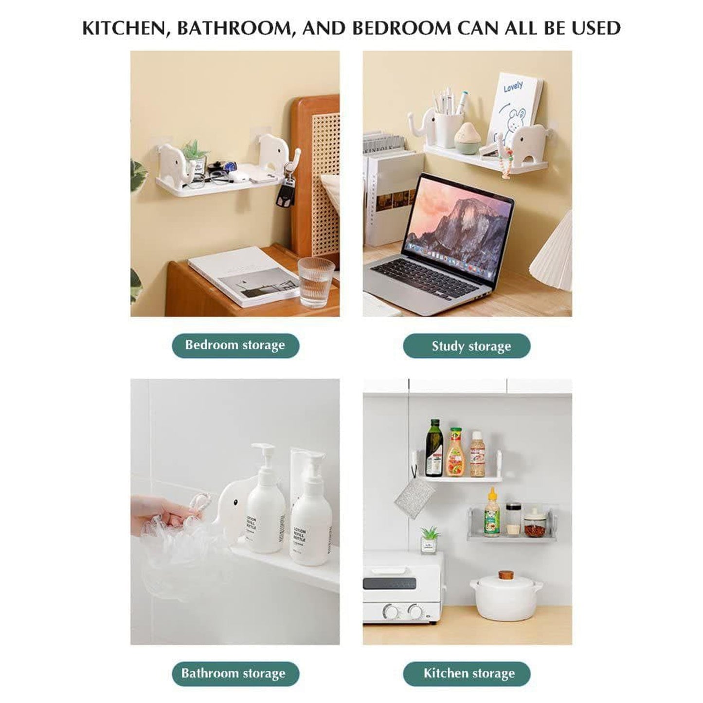 Wall Mounted Elephant Storage Shelf, 35 cm x 15 cm, No-Drill Installation, Decorative Floating Shelf for Kitchen, Bathroom, Bedroom