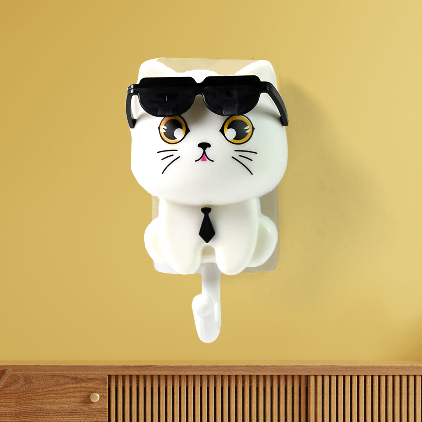 Cat Hook for Wall – Stylish Sunglasses & Tie Design | Self-Adhesive Key Holder | Waterproof | 6×5×9 cm