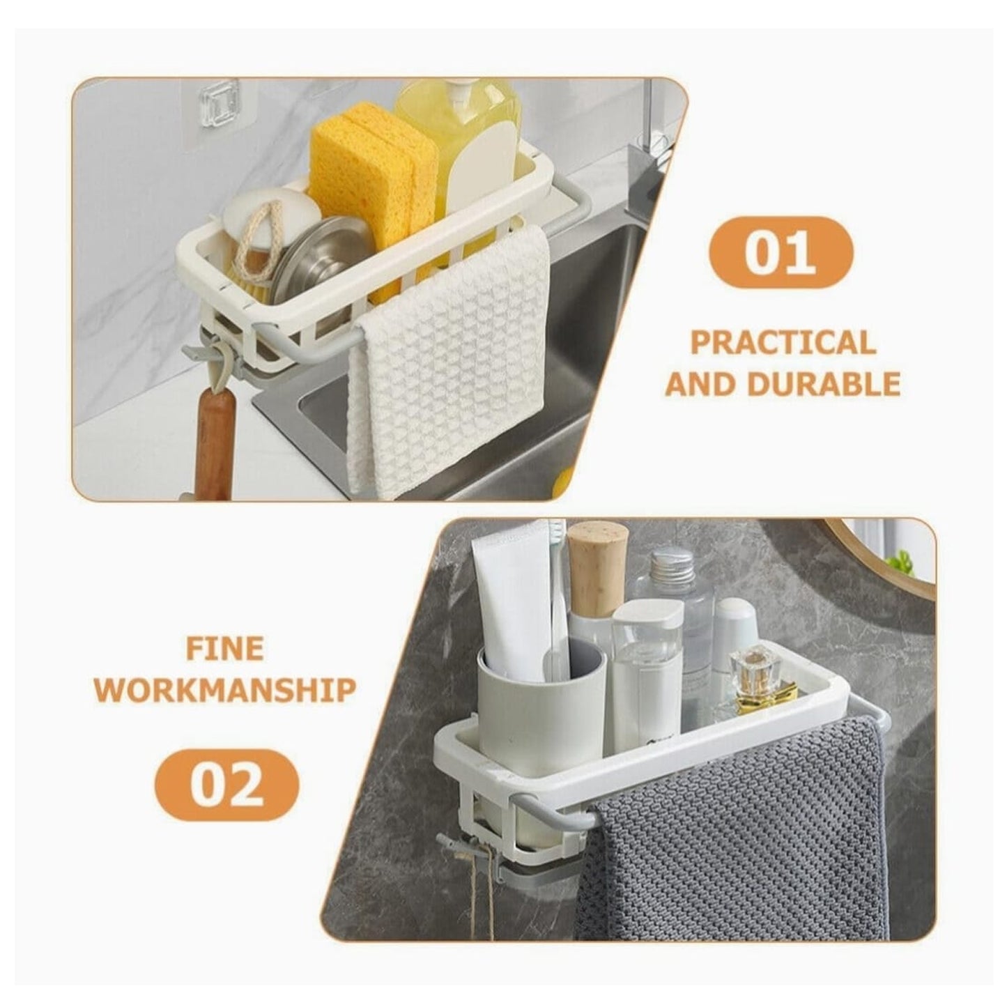 Kitchen Sink Caddy Organiser, Hanging Drain Rack with Adhesive Hook, 26 x 15 x 6 cm, White