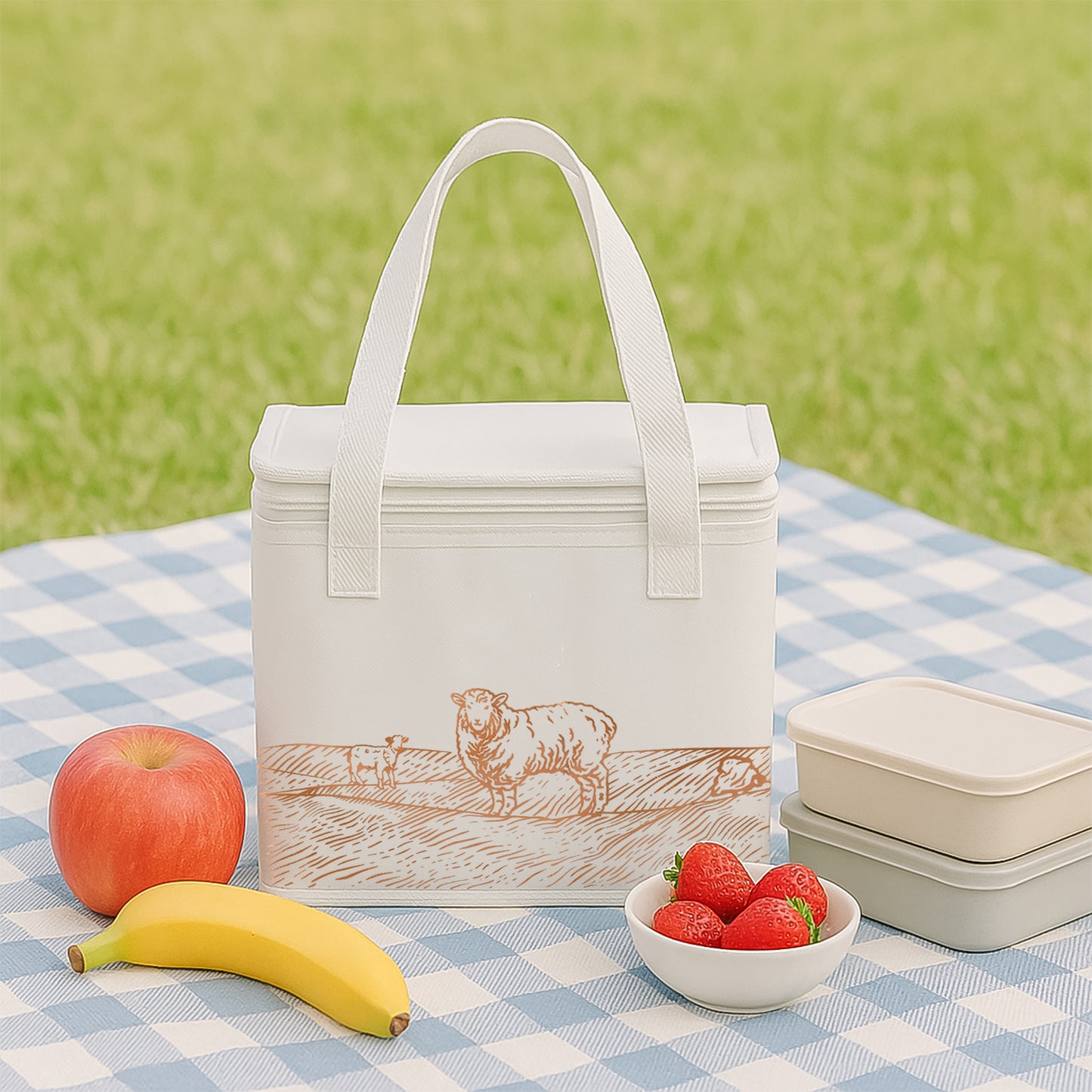 Insulated Thermal Lunch Bag with Aluminium Foil Lining, 24 x 19 x 16 cm, Countryside Print, White