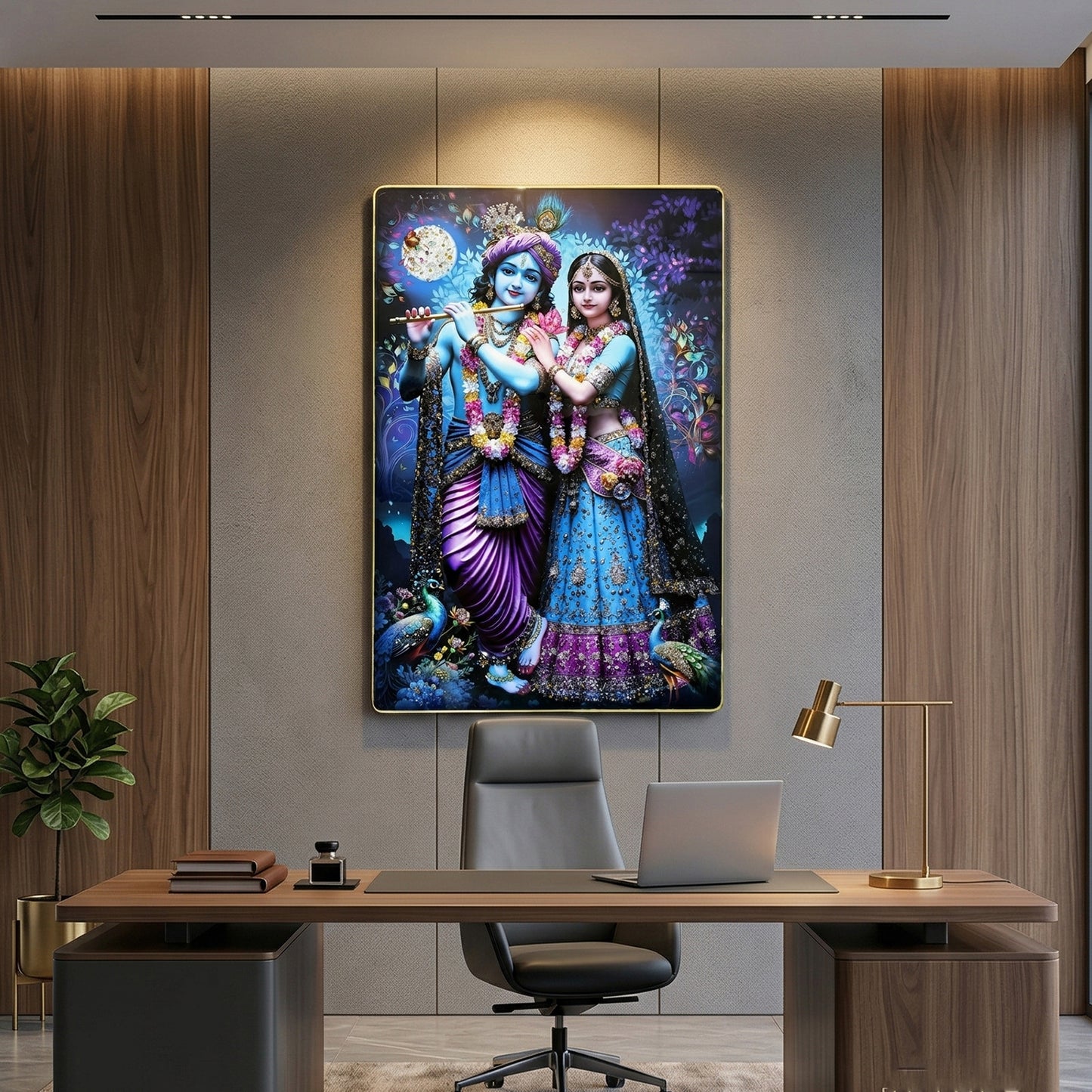 Divine Radha Krishna Full Moon Artistic Wall Frame (1 Pc 89x58 Cm)
