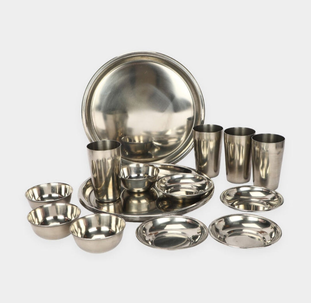Stainless Steel Dinner Set 20 Pieces, 4 Plates, 4 Glasses, 4 Bowls, 4 Katoris and 4 Spoons, Complete Dining Tableware Set for Home, Kitchen, Family Meals and Everyday Use