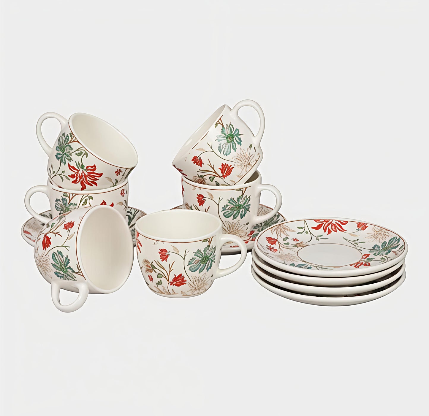 Premium Bone China Tea Cup and Saucer Set – 200 ml Floral Printed Cups with Saucers (Set of 6 Cups & 6 Saucers) | Elegant Lightweight Coffee & Tea Cups | Ideal for Home, Office & Gifting