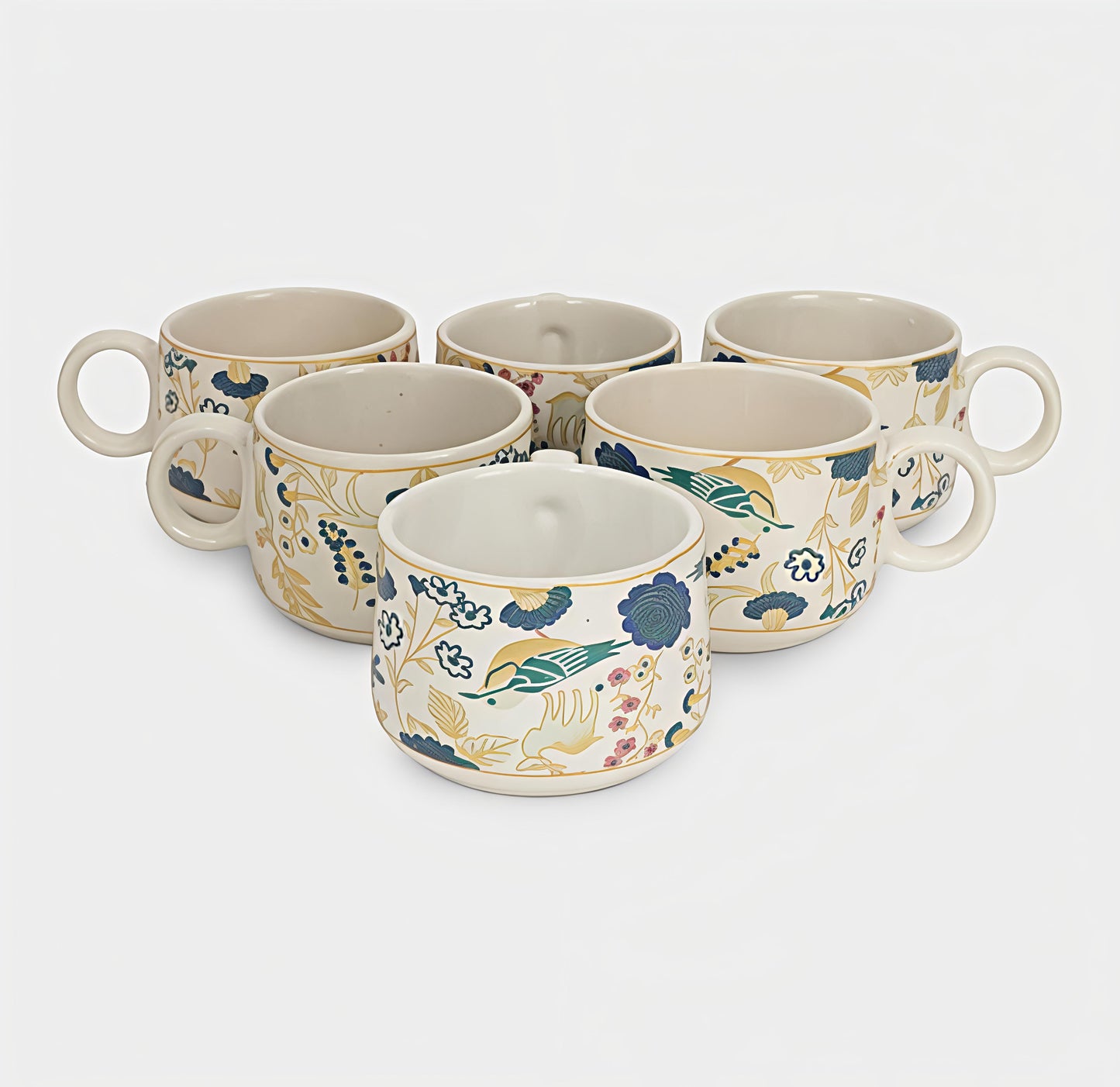 Premium Bone China Tea & Coffee Cups Set of 6 (190 ml) – Elegant Floral & Bird Design, Lightweight Durable Ceramic Cups with Handle, 9 cm Wide | 7 cm Height | Perfect for Tea, Coffee & Cappuccino