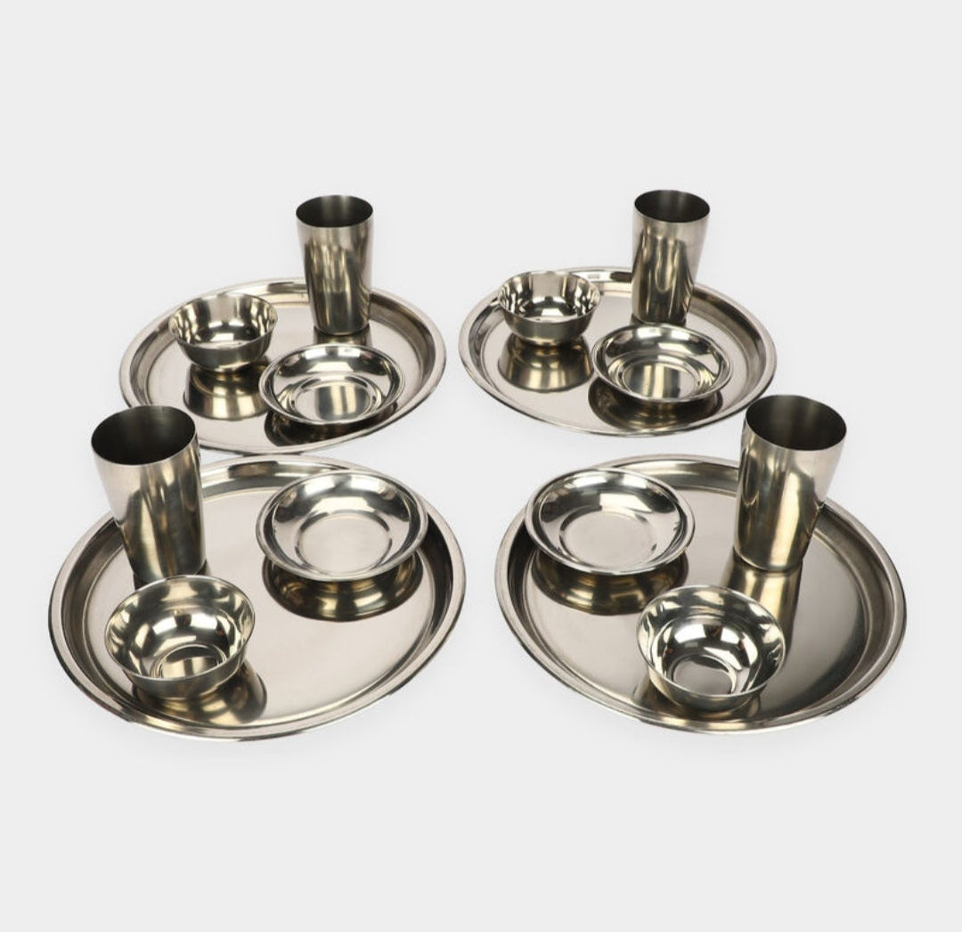 Stainless Steel Dinner Set 20 Pieces, 4 Plates, 4 Glasses, 4 Bowls, 4 Katoris and 4 Spoons, Complete Dining Tableware Set for Home, Kitchen, Family Meals and Everyday Use