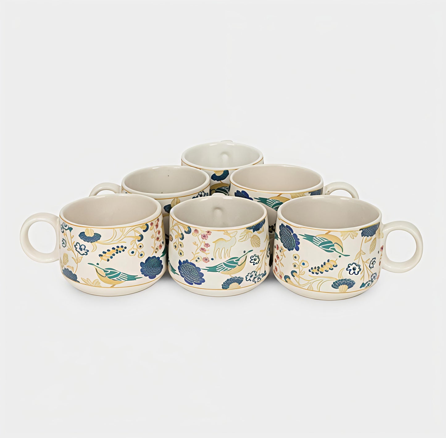 Premium Bone China Tea & Coffee Cups Set of 6 (190 ml) – Elegant Floral & Bird Design, Lightweight Durable Ceramic Cups with Handle, 9 cm Wide | 7 cm Height | Perfect for Tea, Coffee & Cappuccino