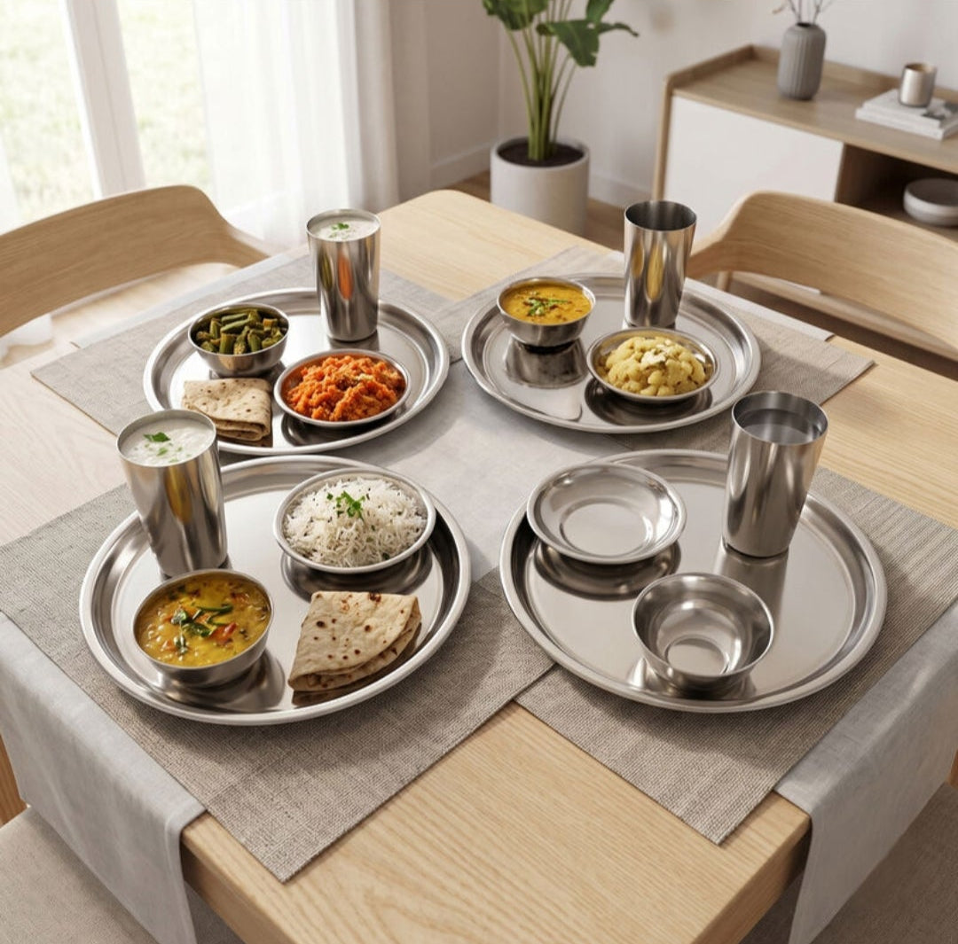 Stainless Steel Dinner Set 20 Pieces, 4 Plates, 4 Glasses, 4 Bowls, 4 Katoris and 4 Spoons, Complete Dining Tableware Set for Home, Kitchen, Family Meals and Everyday Use