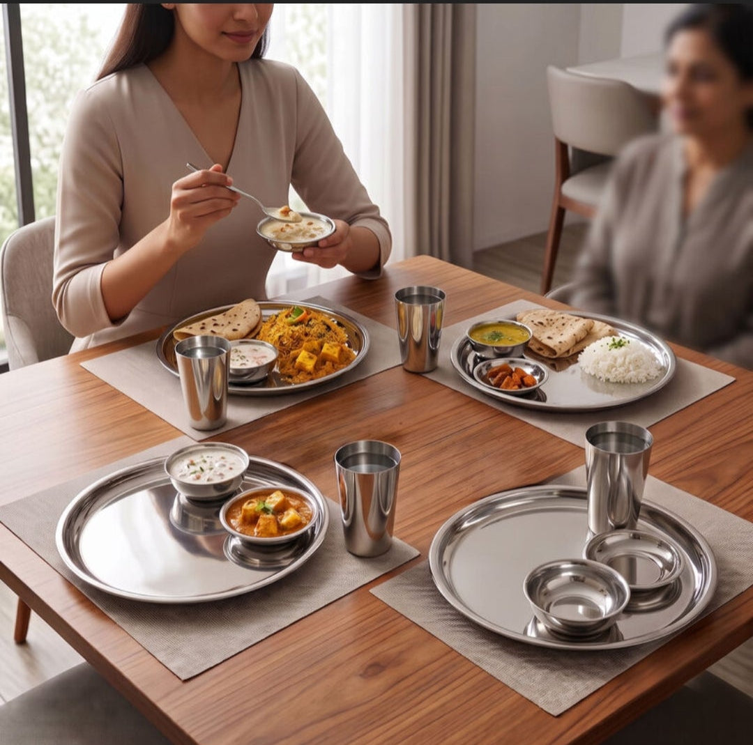 Stainless Steel Dinner Set 20 Pieces, 4 Plates, 4 Glasses, 4 Bowls, 4 Katoris and 4 Spoons, Complete Dining Tableware Set for Home, Kitchen, Family Meals and Everyday Use