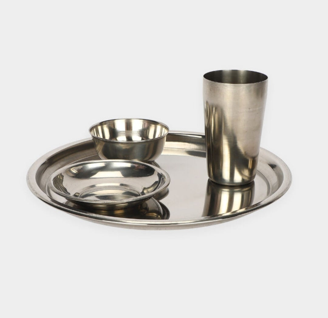 Stainless Steel Dinner Set 20 Pieces, 4 Plates, 4 Glasses, 4 Bowls, 4 Katoris and 4 Spoons, Complete Dining Tableware Set for Home, Kitchen, Family Meals and Everyday Use