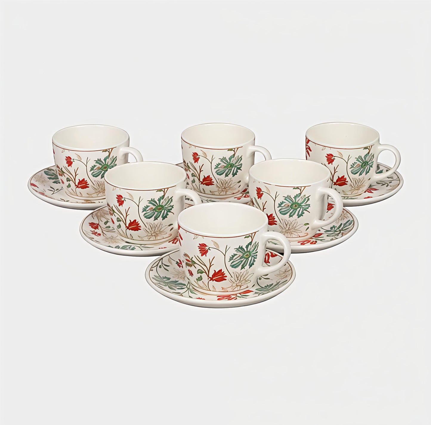 Premium Bone China Tea Cup and Saucer Set – 200 ml Floral Printed Cups with Saucers (Set of 6 Cups & 6 Saucers) | Elegant Lightweight Coffee & Tea Cups | Ideal for Home, Office & Gifting