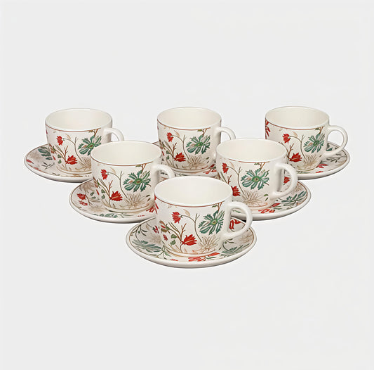 Premium Bone China Tea Cup and Saucer Set – 200 ml Floral Printed Cups with Saucers (Set of 6 Cups & 6 Saucers) | Elegant Lightweight Coffee & Tea Cups | Ideal for Home, Office & Gifting