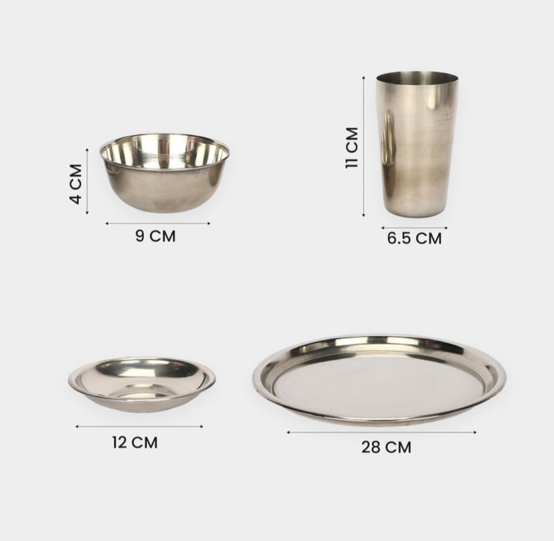Stainless Steel Dinner Set 20 Pieces, 4 Plates, 4 Glasses, 4 Bowls, 4 Katoris and 4 Spoons, Complete Dining Tableware Set for Home, Kitchen, Family Meals and Everyday Use