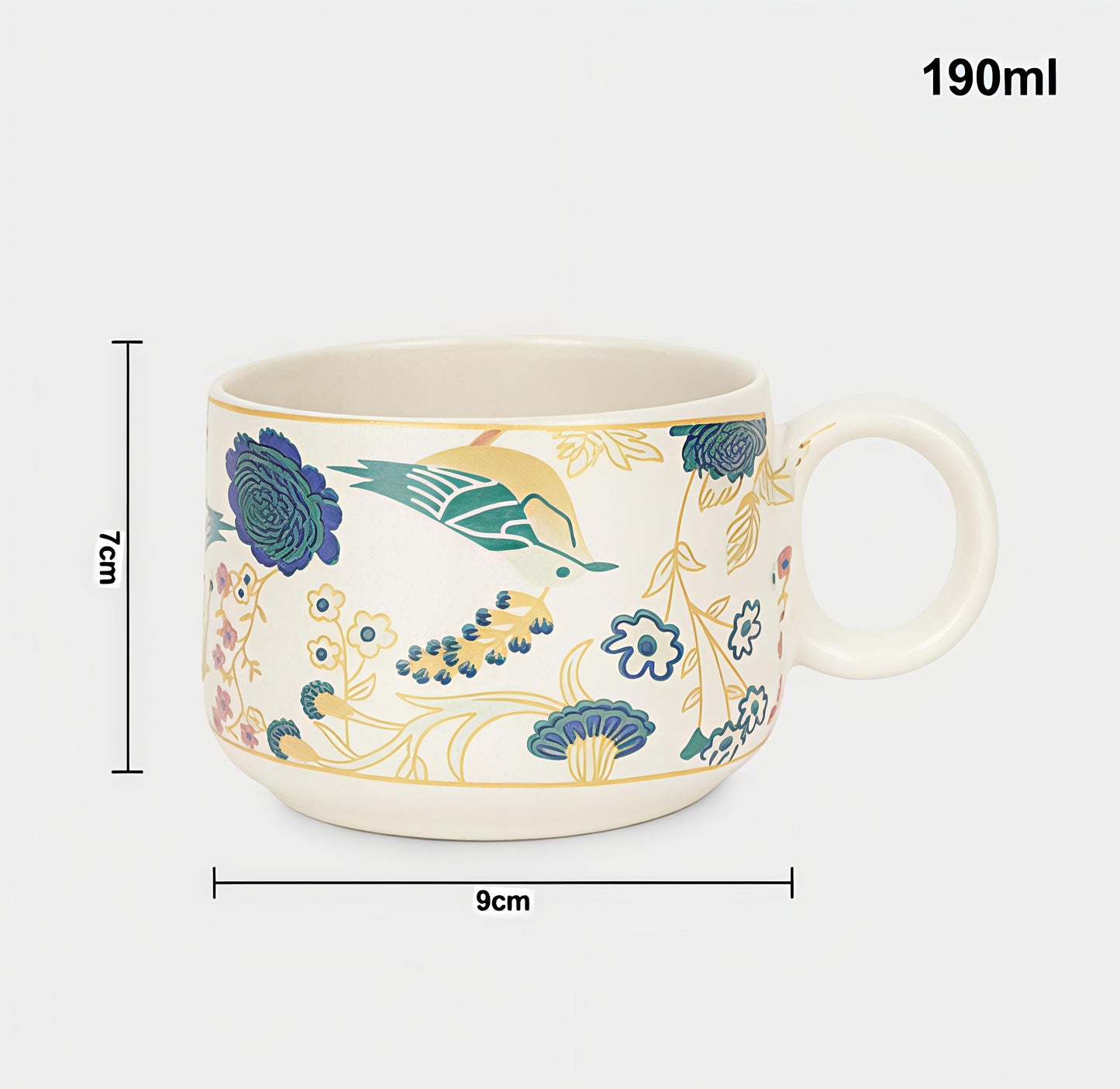 Premium Bone China Tea & Coffee Cups Set of 6 (190 ml) – Elegant Floral & Bird Design, Lightweight Durable Ceramic Cups with Handle, 9 cm Wide | 7 cm Height | Perfect for Tea, Coffee & Cappuccino