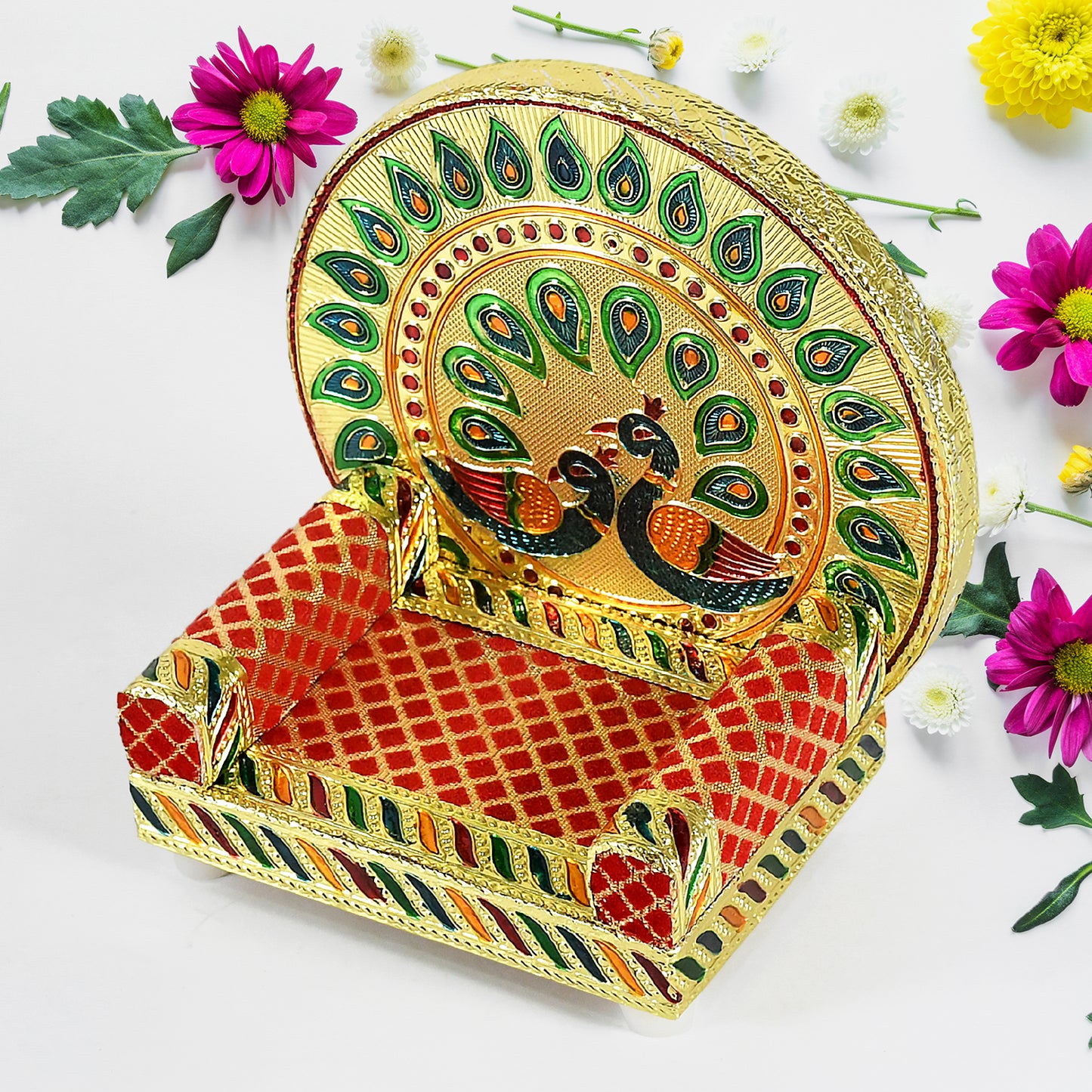 Meenakari Wooden Laddu Gopal Singhasan for Pooja Mandir | Handcrafted Decorative Krishna Sofa Asan | Premium Singhasan for Home, Office, Temple Decoration (2 Pc Set)