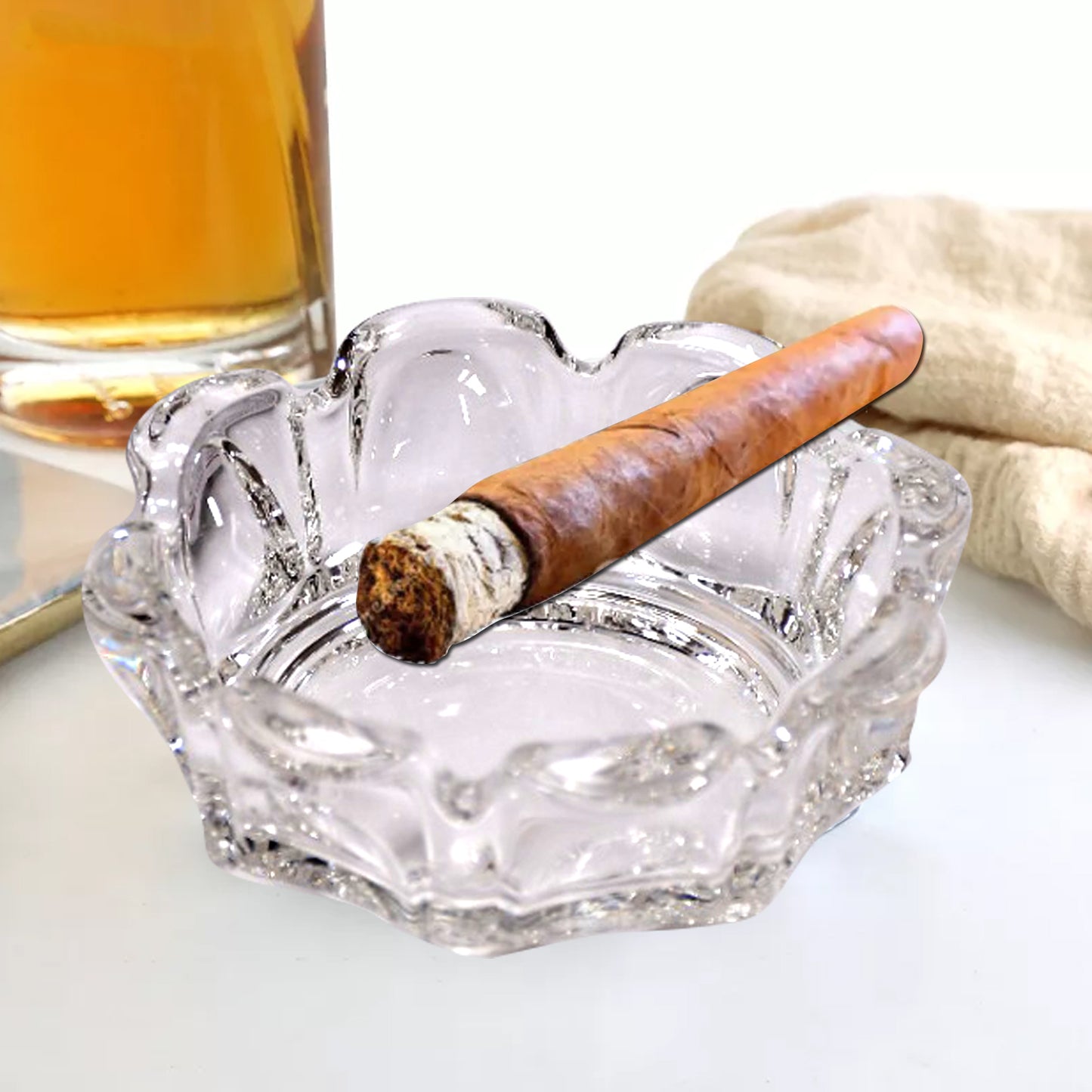 Round Glass Ashtray – Heavy-Duty Crystal Glass Ash Holder with 4 Cigarette Slots for Home, Office, Patio, Indoor & Outdoor Tabletop Décor