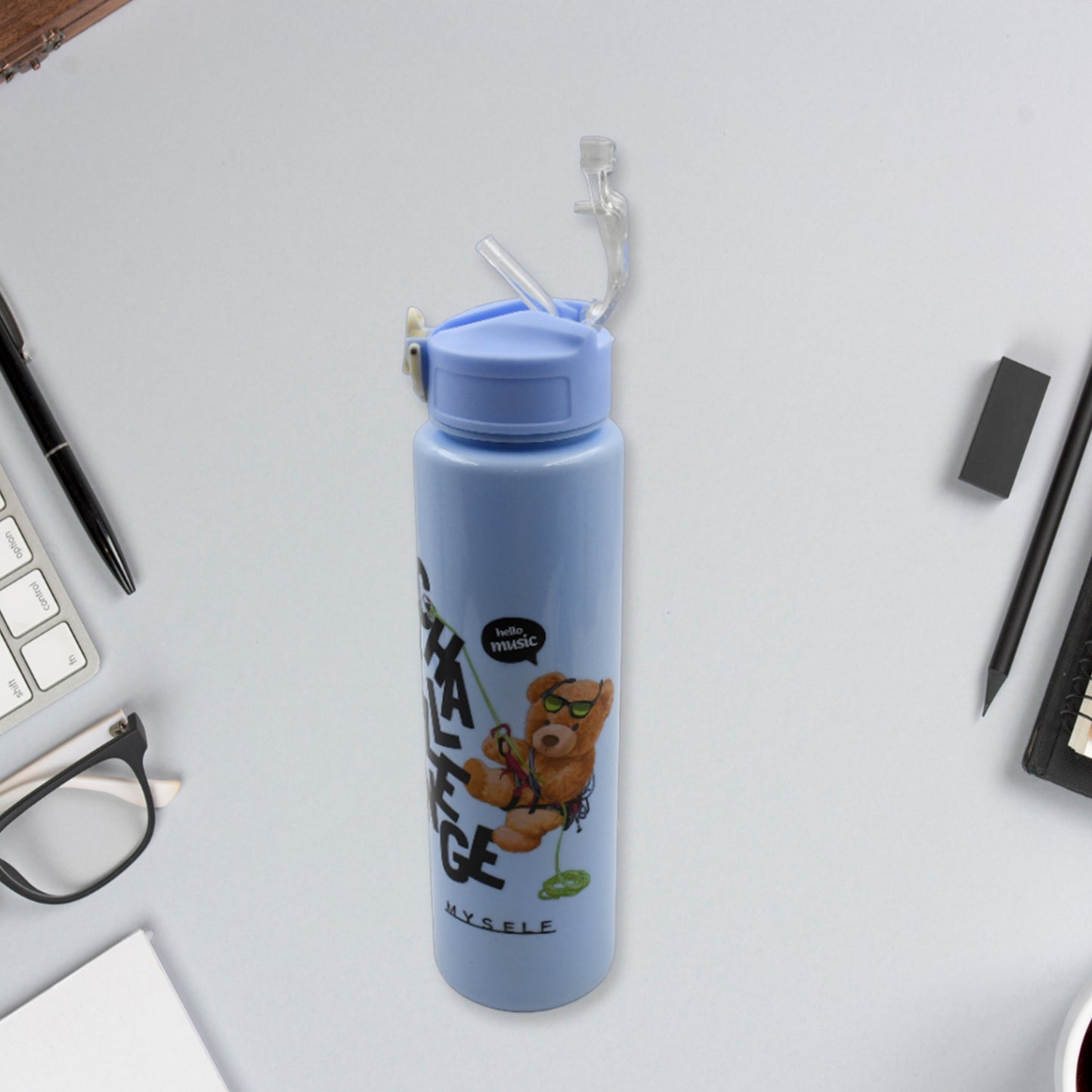 Cartoon Design Water Bottle Set, 3 Pieces, BPA-Free Plastic, Different Sizes, Blue Color with Bear Print, for School, Office, Sports