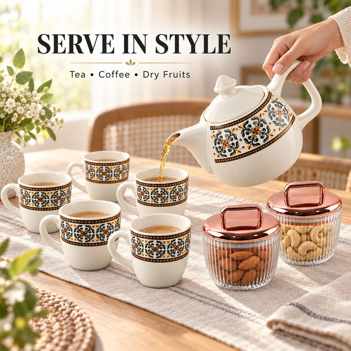 Tea Gift Set With Kettle 6 Cups And 2 Dry Fruit Jars (9 Pc)