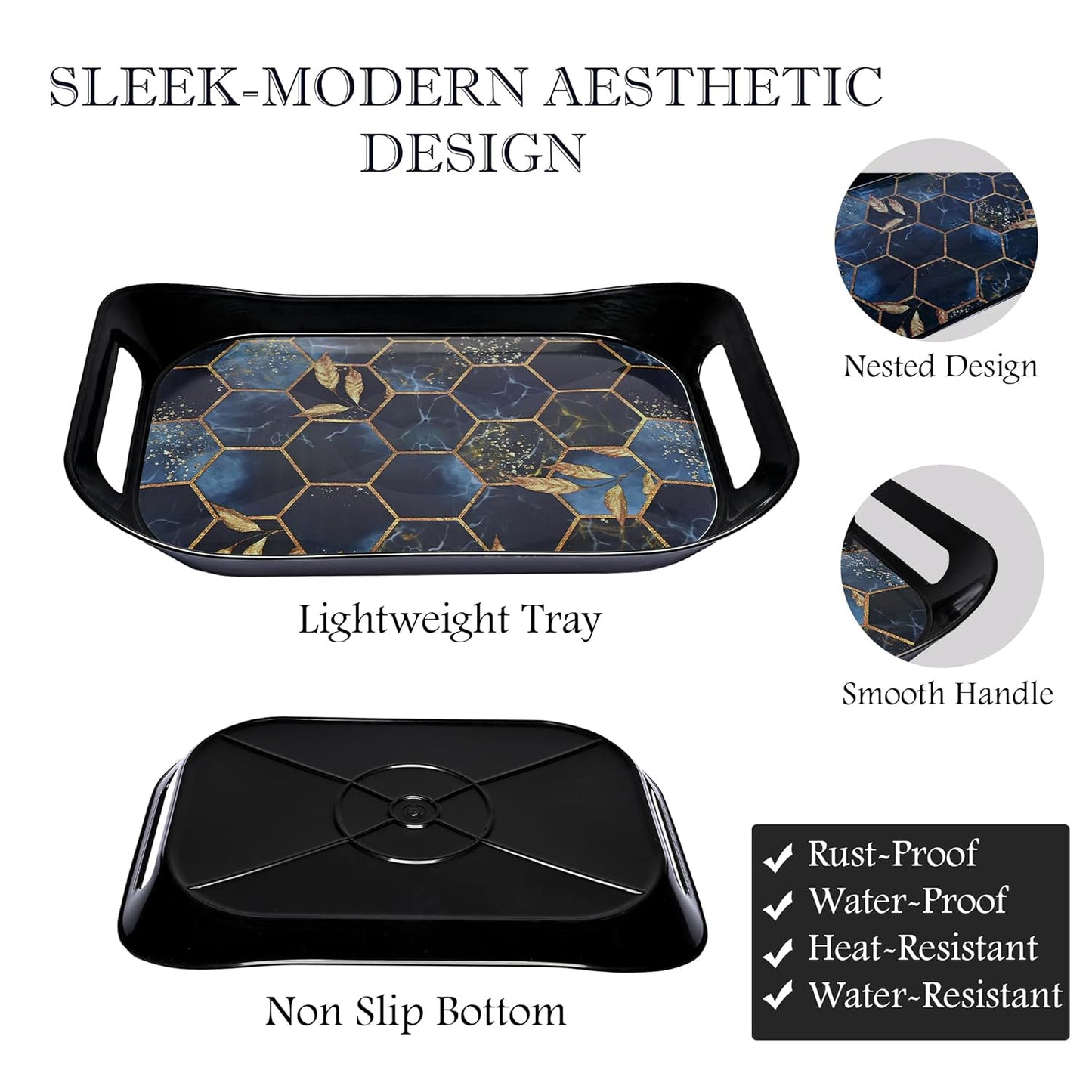 Decorative Serving Tray Set with Hexagonal Pattern, 3-Piece, Black and Gold, 49 cm x 26 cm