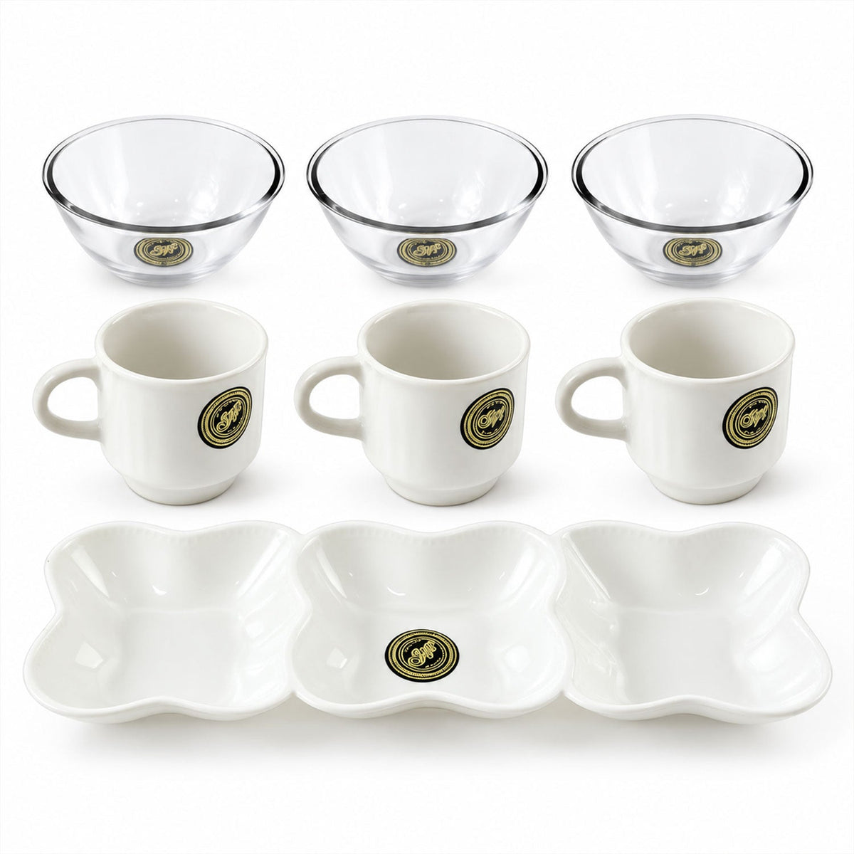 Snack Serving Gift Set With Cups Bowls And Divided Platter (7 Pc Set)