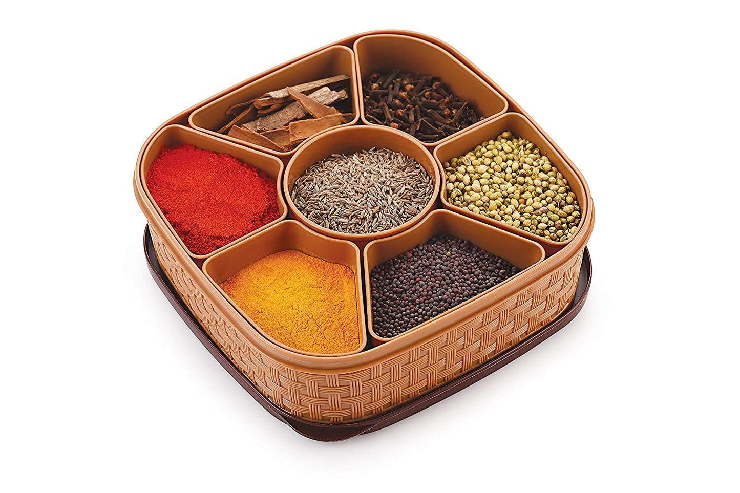 Masala Rangoli Box Dabba – 7-Compartment Spice Organizer | BPA-Free Virgin Plastic | Dual-Color Woven Design