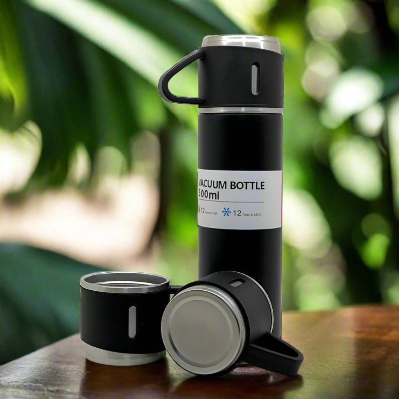 Stainless Steel Vacuum Flask Set with 3 Steel Cups – 500ml