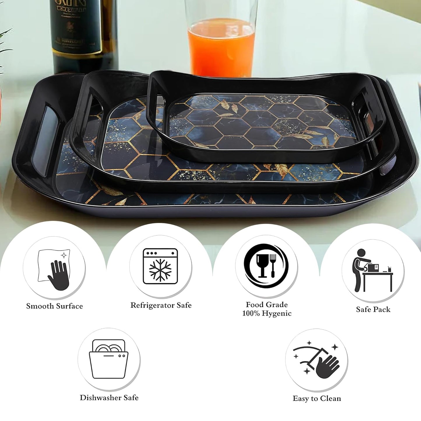 Decorative Serving Tray Set with Hexagonal Pattern, 3-Piece, Black and Gold, 49 cm x 26 cm