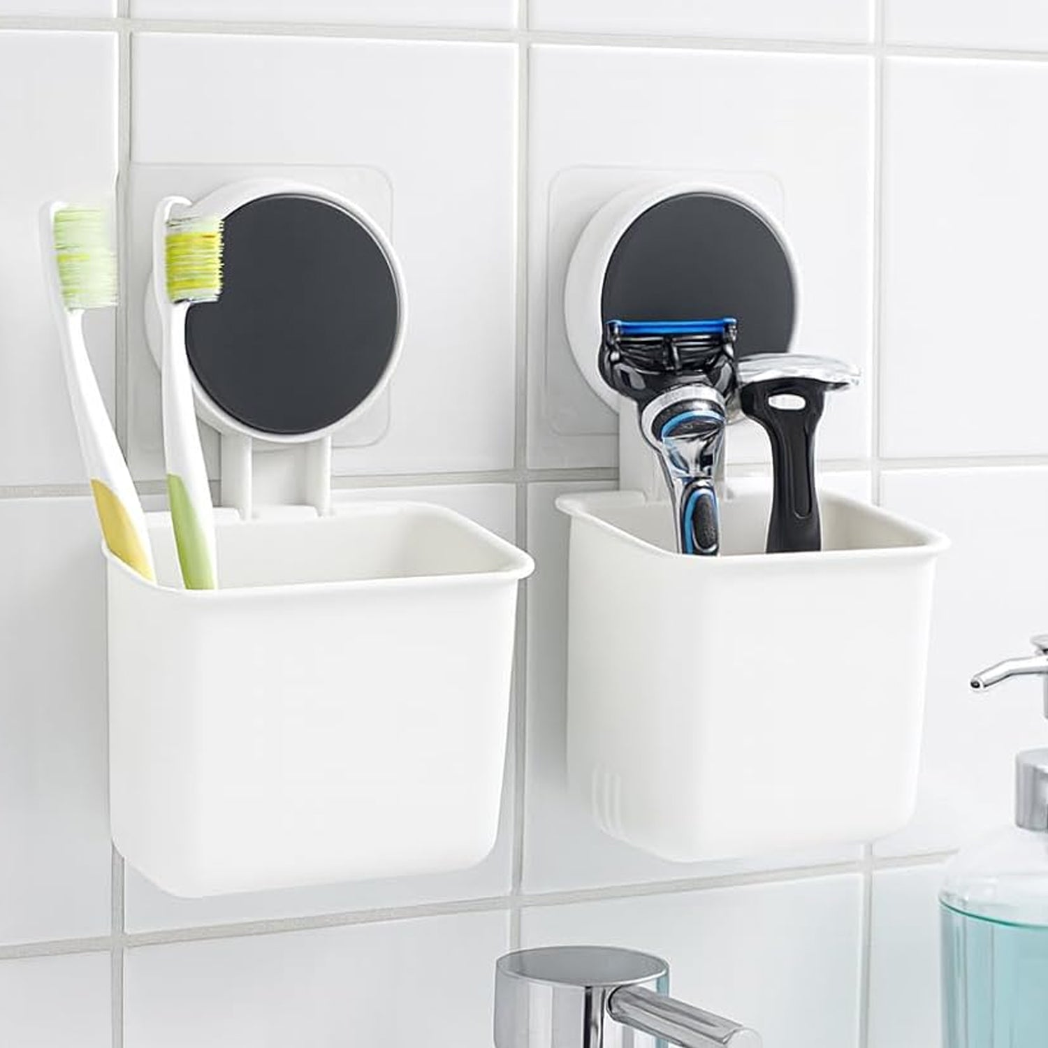 Wall Mounted Plastic Toothbrush Holder With Adhesive Installation (2 Pc)