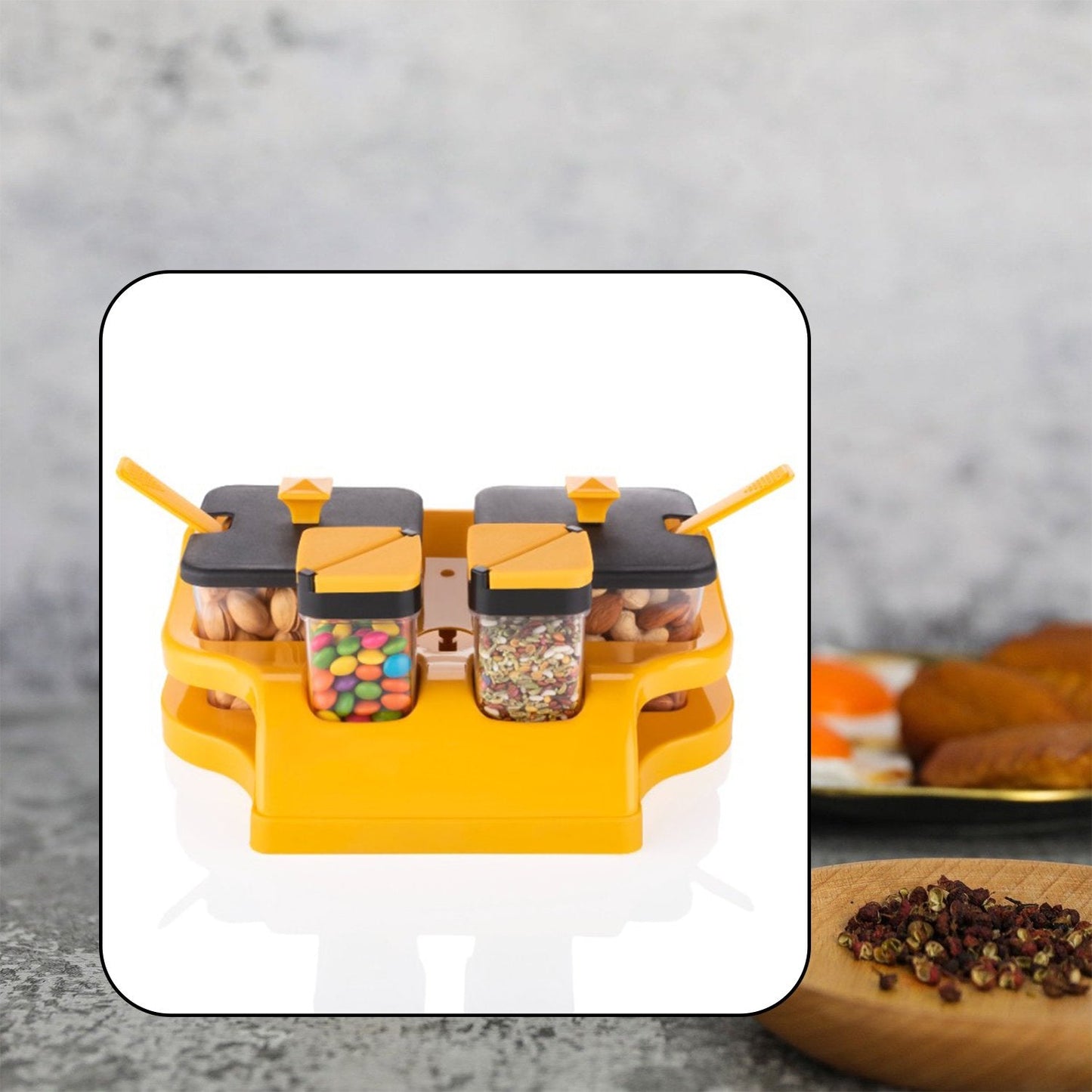 Multipurpose 4-Piece Spice & Achar Jar Container with Spoon & Tray Holder